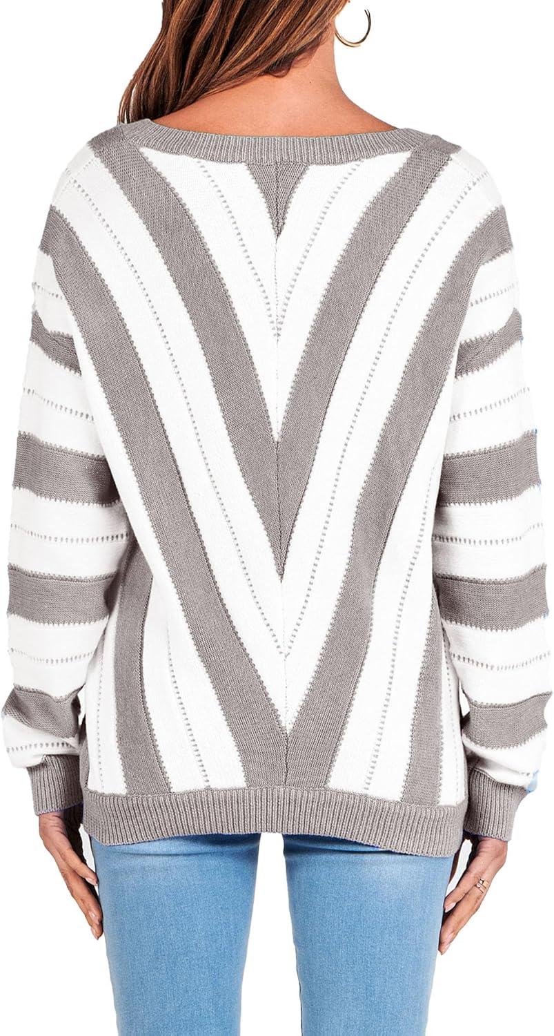 imagePRETTYGARDEN Sweaters for Women 2025 Long Sleeve Striped Knitted V Neck Pullover Jumper Tops Fall Outfits Fashion ClothingStriped Grey
