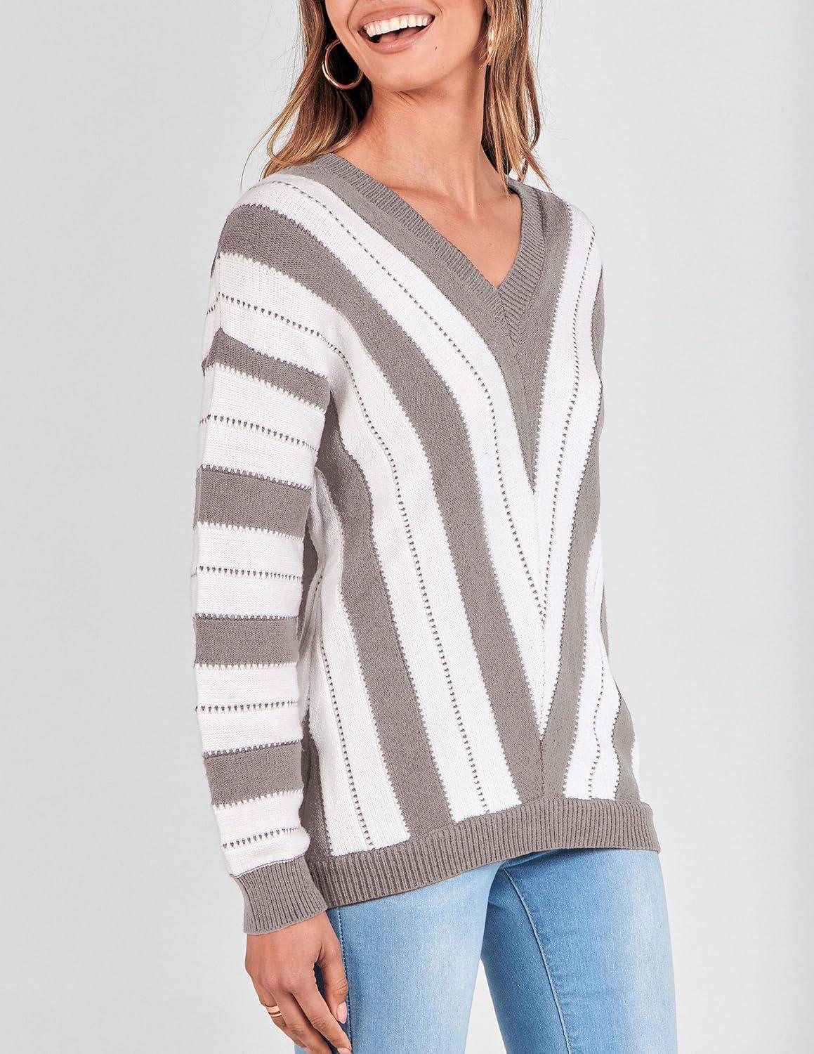 imagePRETTYGARDEN Sweaters for Women 2025 Long Sleeve Striped Knitted V Neck Pullover Jumper Tops Fall Outfits Fashion ClothingStriped Grey