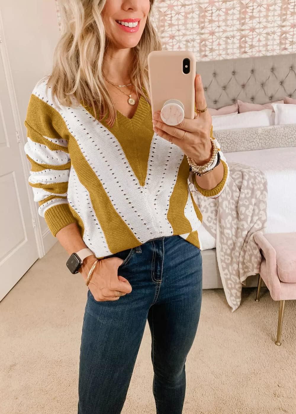 imagePRETTYGARDEN Sweaters for Women 2025 Long Sleeve Striped Knitted V Neck Pullover Jumper Tops Fall Outfits Fashion ClothingStriped Mustard Yellow
