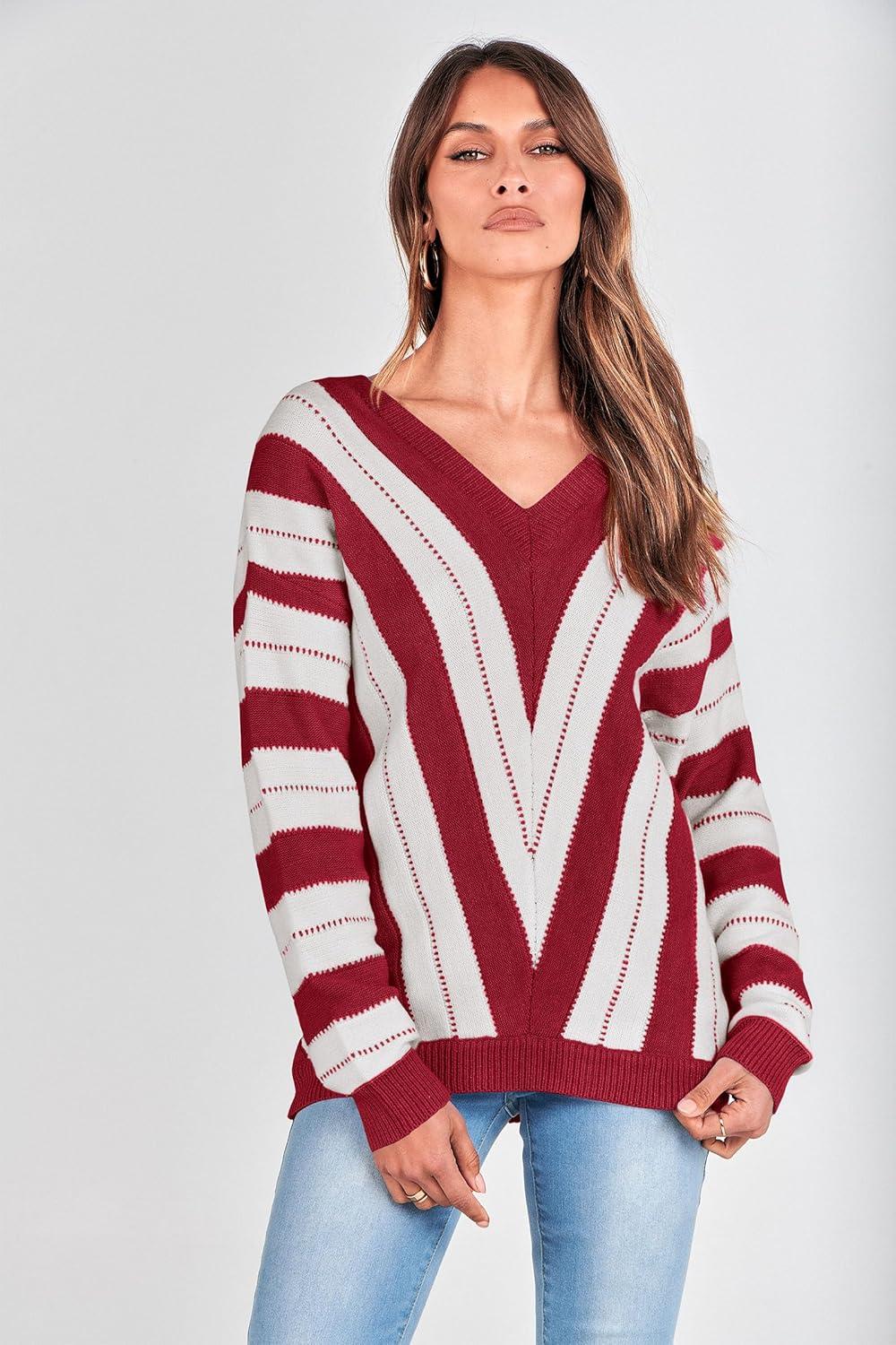 imagePRETTYGARDEN Sweaters for Women 2025 Long Sleeve Striped Knitted V Neck Pullover Jumper Tops Fall Outfits Fashion ClothingStriped Red