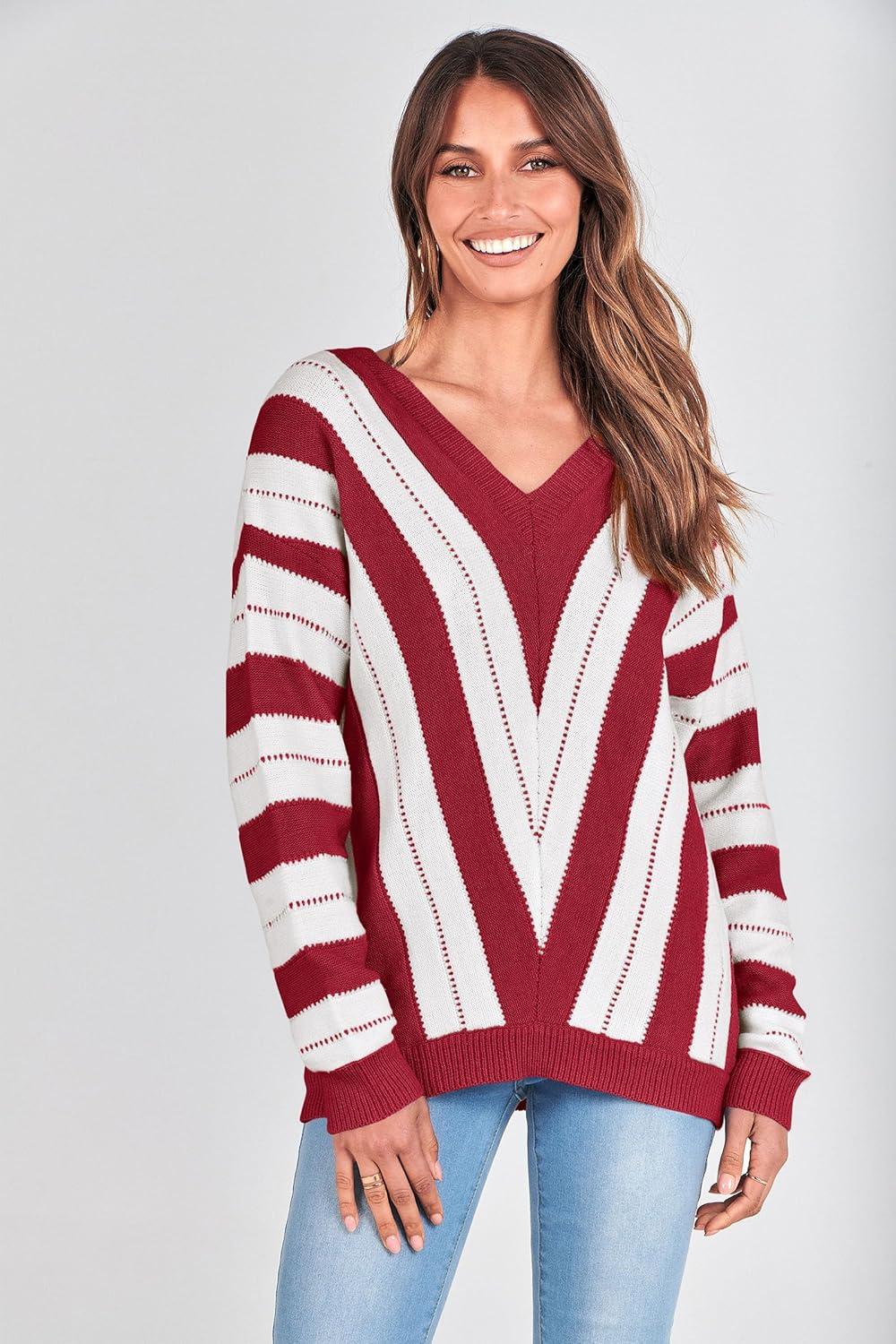 imagePRETTYGARDEN Sweaters for Women 2025 Long Sleeve Striped Knitted V Neck Pullover Jumper Tops Fall Outfits Fashion ClothingStriped Red