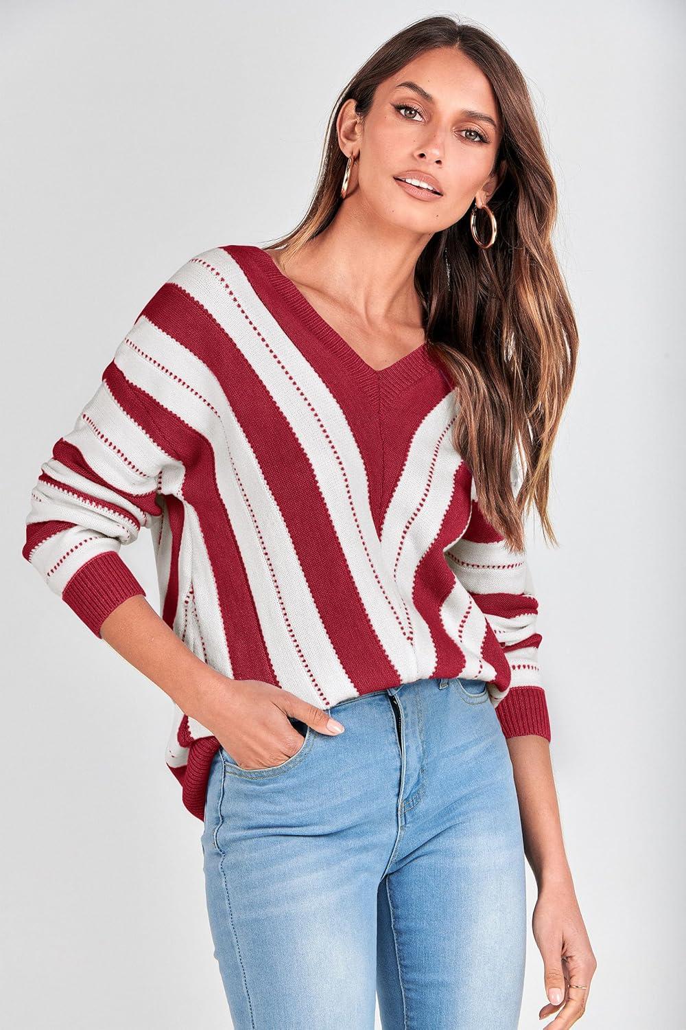 imagePRETTYGARDEN Sweaters for Women 2025 Long Sleeve Striped Knitted V Neck Pullover Jumper Tops Fall Outfits Fashion ClothingStriped Red