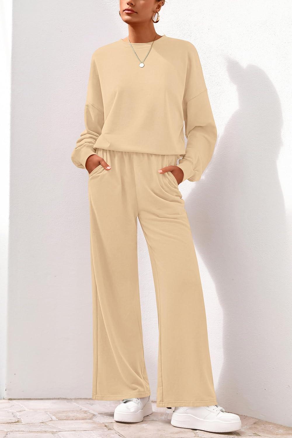 imagePRETTYGARDEN Women 2 Piece Outfits 2025 Fall Sweatsuits Crewneck Sweatshirt Wide Leg Sweatpants Lounge Sets TracksuitApricot