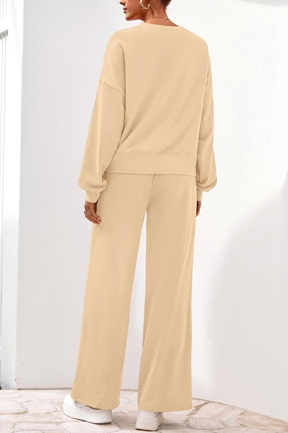 imagePRETTYGARDEN Women 2 Piece Outfits 2025 Fall Sweatsuits Crewneck Sweatshirt Wide Leg Sweatpants Lounge Sets TracksuitApricot