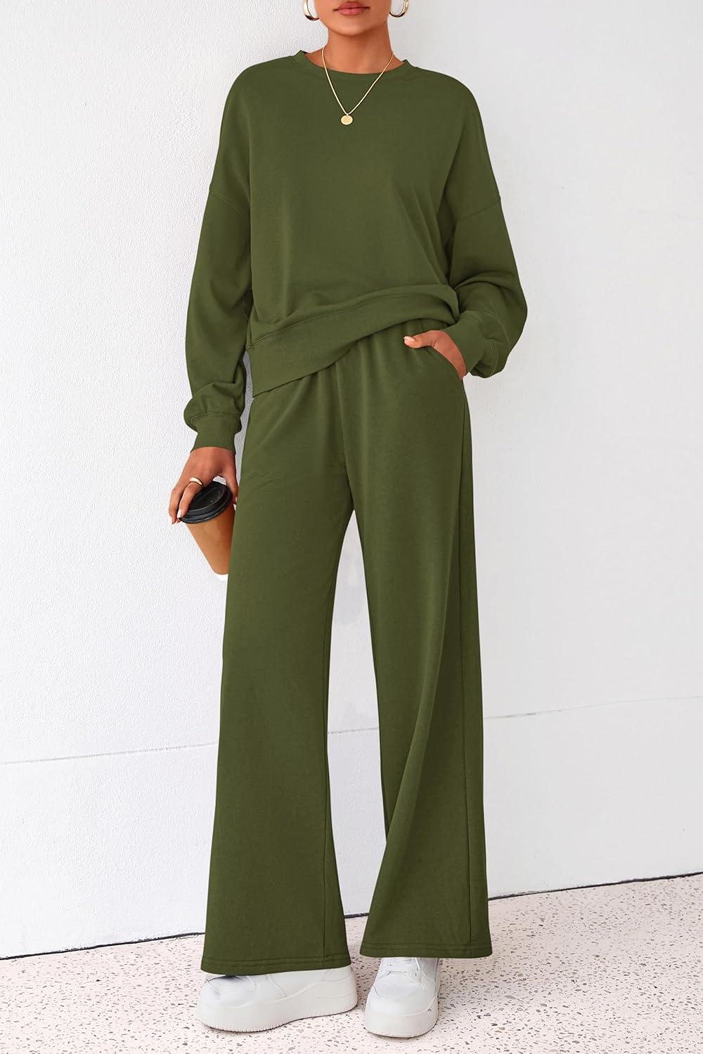 imagePRETTYGARDEN Women 2 Piece Outfits 2025 Fall Sweatsuits Crewneck Sweatshirt Wide Leg Sweatpants Lounge Sets TracksuitArmy Green