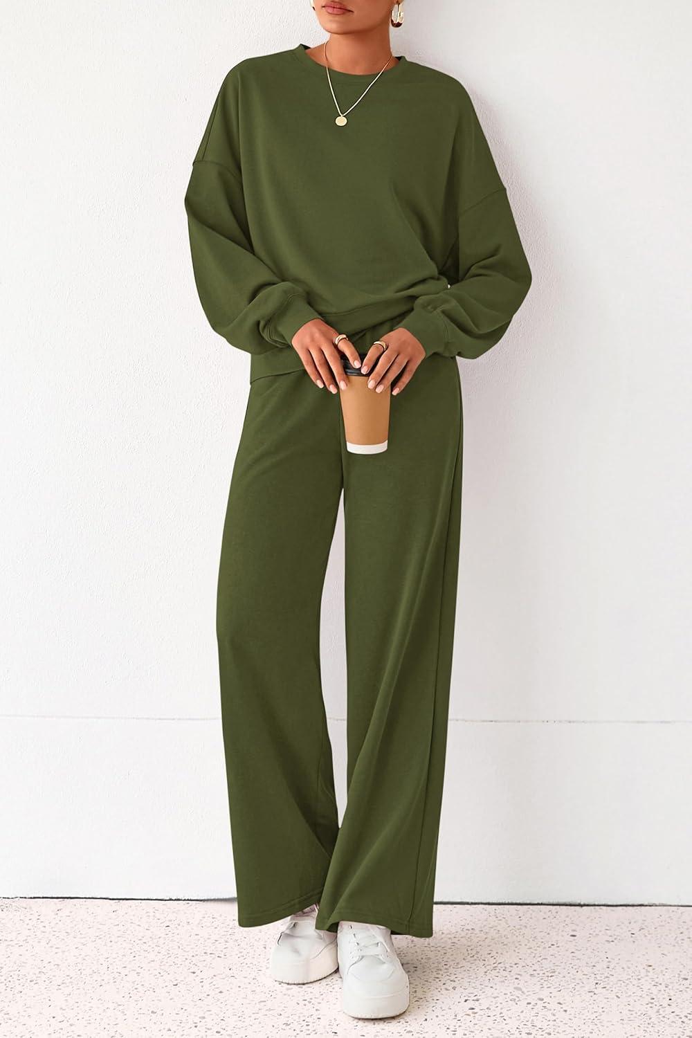 imagePRETTYGARDEN Women 2 Piece Outfits 2025 Fall Sweatsuits Crewneck Sweatshirt Wide Leg Sweatpants Lounge Sets TracksuitArmy Green