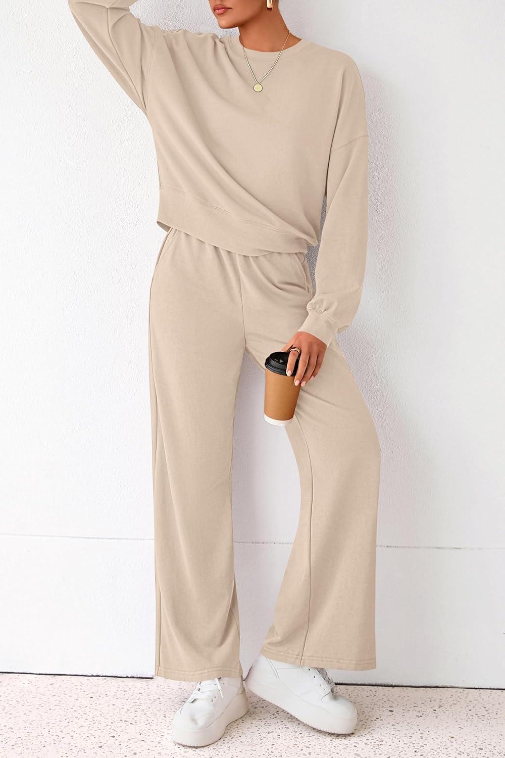 imagePRETTYGARDEN Women 2 Piece Outfits 2025 Fall Sweatsuits Crewneck Sweatshirt Wide Leg Sweatpants Lounge Sets TracksuitBeige