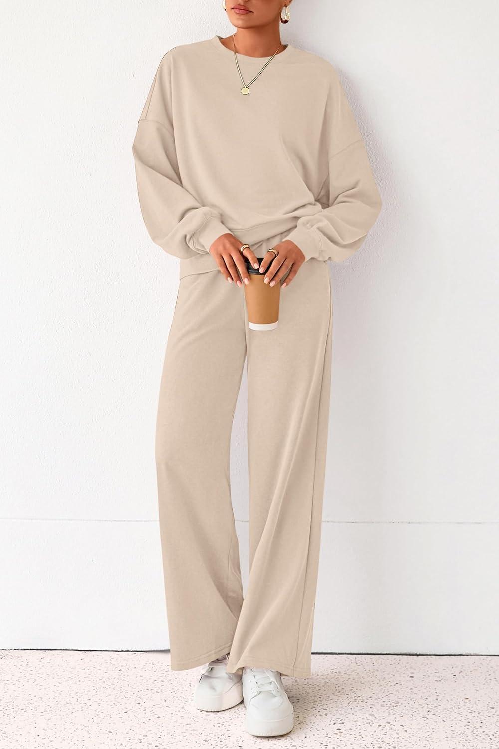 imagePRETTYGARDEN Women 2 Piece Outfits 2025 Fall Sweatsuits Crewneck Sweatshirt Wide Leg Sweatpants Lounge Sets TracksuitBeige