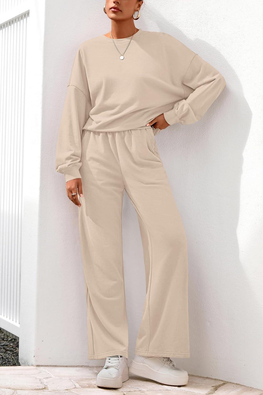 imagePRETTYGARDEN Women 2 Piece Outfits 2025 Fall Sweatsuits Crewneck Sweatshirt Wide Leg Sweatpants Lounge Sets TracksuitBeige