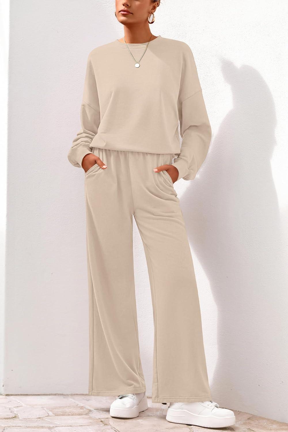 imagePRETTYGARDEN Women 2 Piece Outfits 2025 Fall Sweatsuits Crewneck Sweatshirt Wide Leg Sweatpants Lounge Sets TracksuitBeige