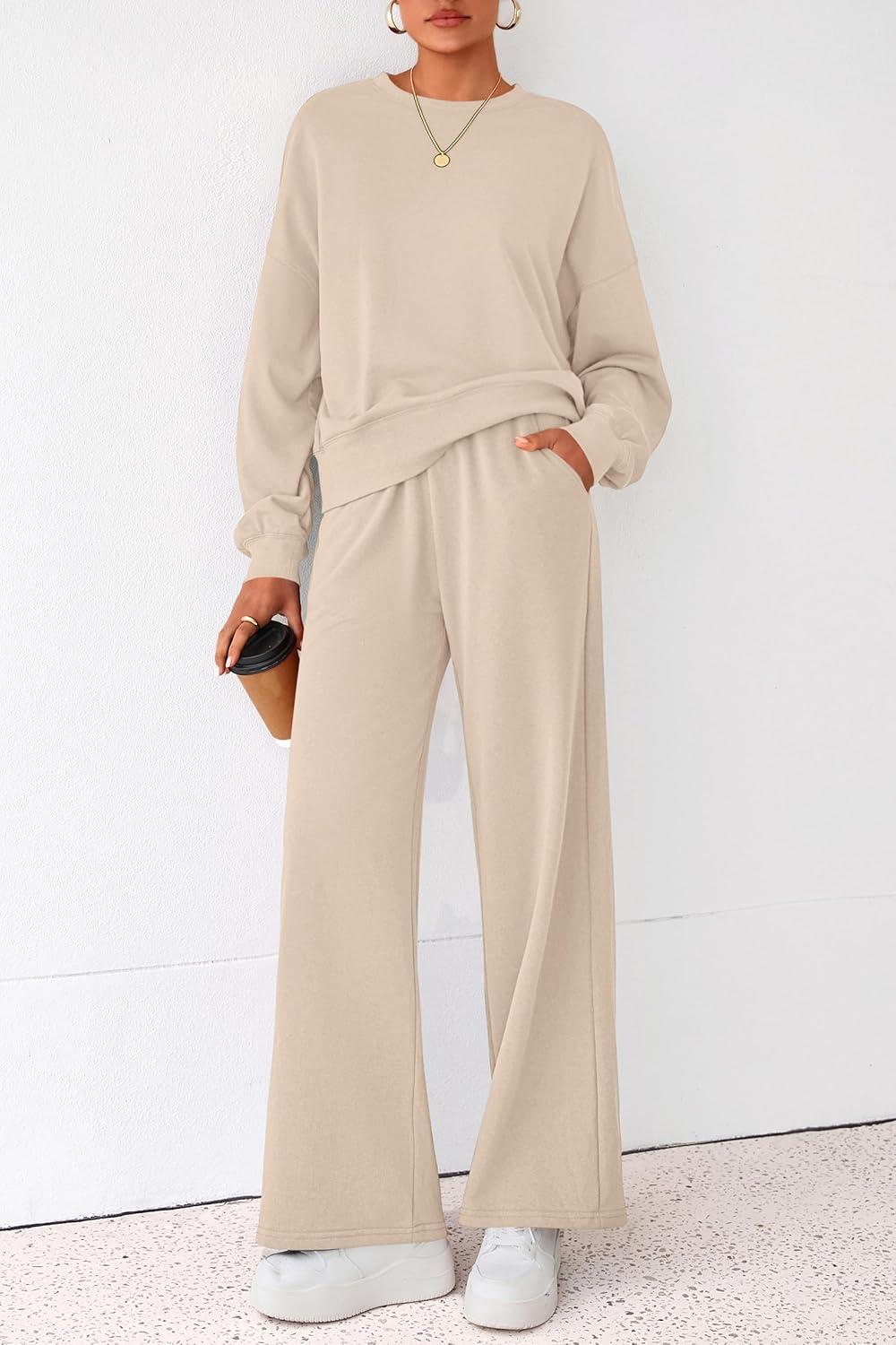 imagePRETTYGARDEN Women 2 Piece Outfits 2025 Fall Sweatsuits Crewneck Sweatshirt Wide Leg Sweatpants Lounge Sets TracksuitBeige