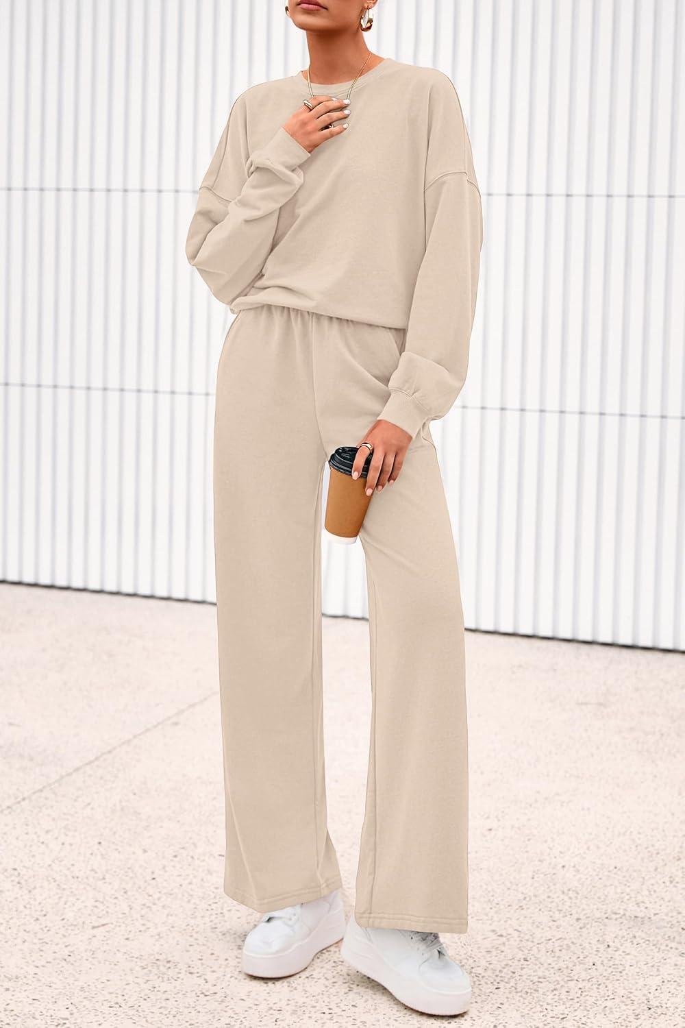 imagePRETTYGARDEN Women 2 Piece Outfits 2025 Fall Sweatsuits Crewneck Sweatshirt Wide Leg Sweatpants Lounge Sets TracksuitBeige