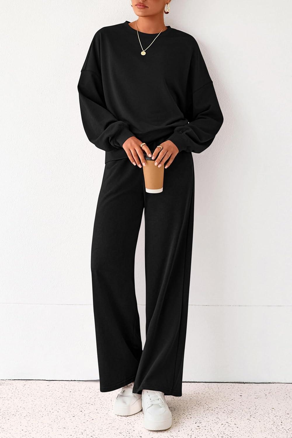 imagePRETTYGARDEN Women 2 Piece Outfits 2025 Fall Sweatsuits Crewneck Sweatshirt Wide Leg Sweatpants Lounge Sets TracksuitBlack