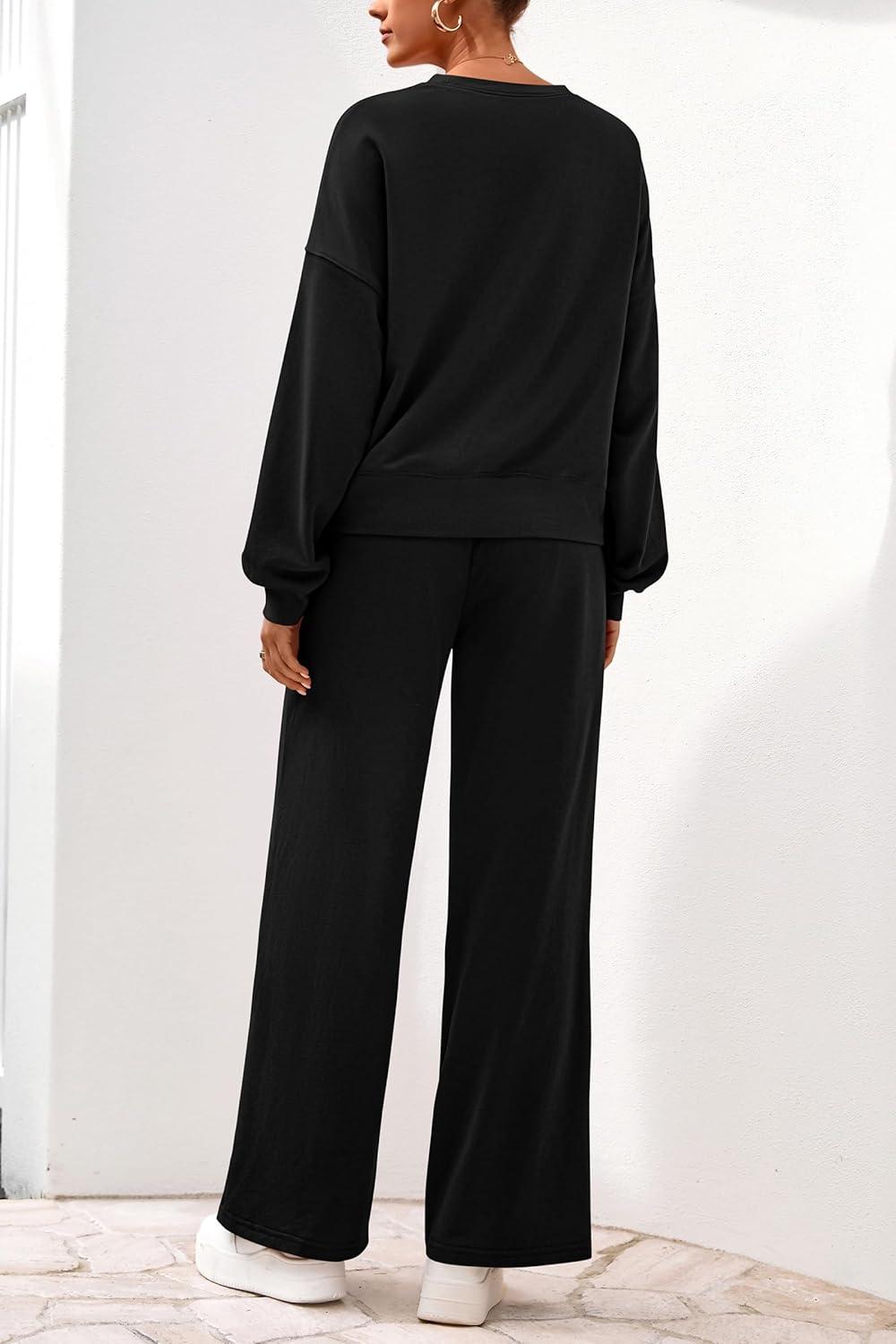 imagePRETTYGARDEN Women 2 Piece Outfits 2025 Fall Sweatsuits Crewneck Sweatshirt Wide Leg Sweatpants Lounge Sets TracksuitBlack