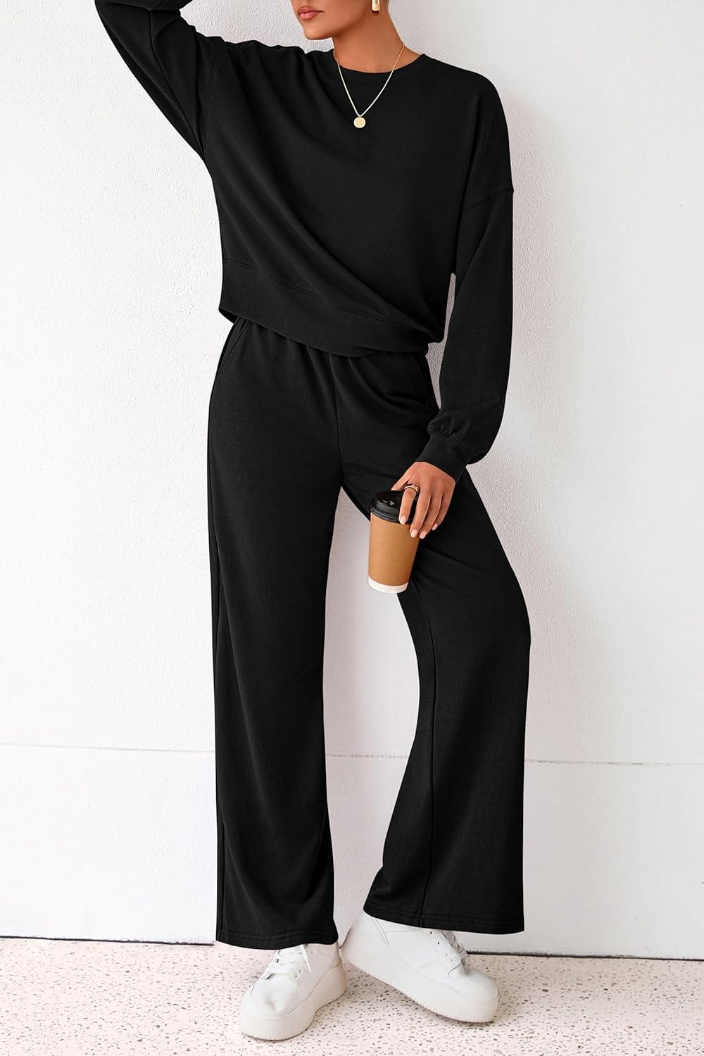 imagePRETTYGARDEN Women 2 Piece Outfits 2025 Fall Sweatsuits Crewneck Sweatshirt Wide Leg Sweatpants Lounge Sets TracksuitBlack