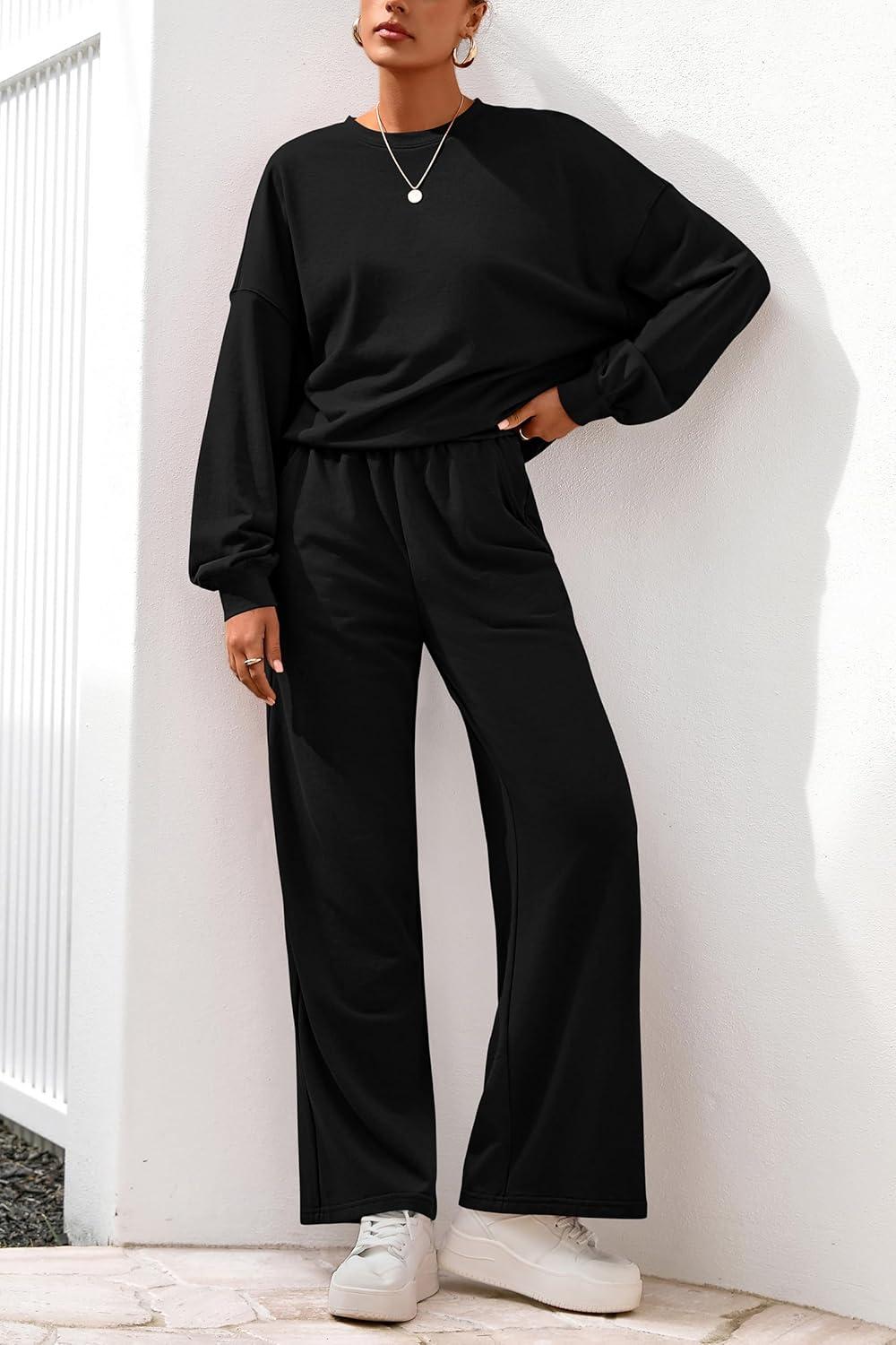 imagePRETTYGARDEN Women 2 Piece Outfits 2025 Fall Sweatsuits Crewneck Sweatshirt Wide Leg Sweatpants Lounge Sets TracksuitBlack