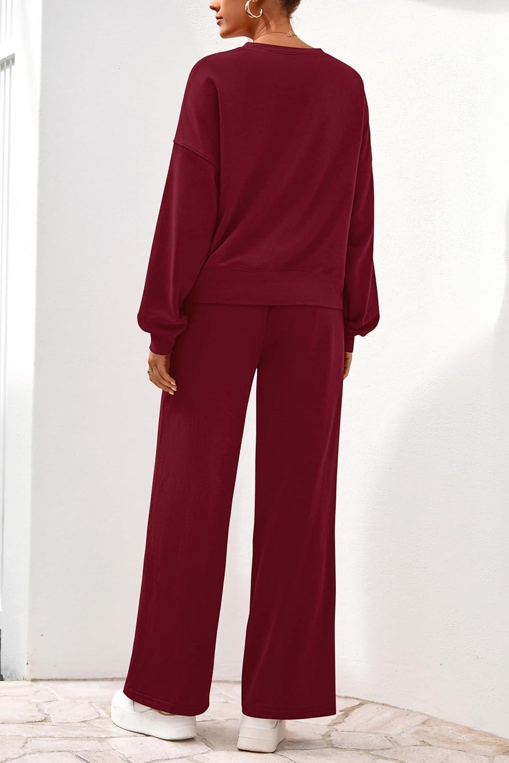 imagePRETTYGARDEN Women 2 Piece Outfits 2025 Fall Sweatsuits Crewneck Sweatshirt Wide Leg Sweatpants Lounge Sets TracksuitBurgundy