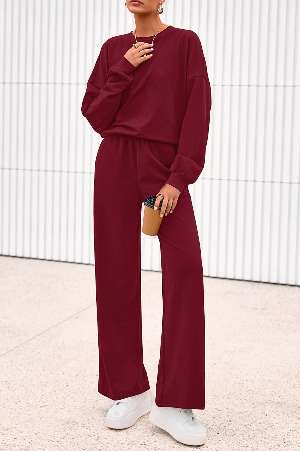 imagePRETTYGARDEN Women 2 Piece Outfits 2025 Fall Sweatsuits Crewneck Sweatshirt Wide Leg Sweatpants Lounge Sets TracksuitBurgundy