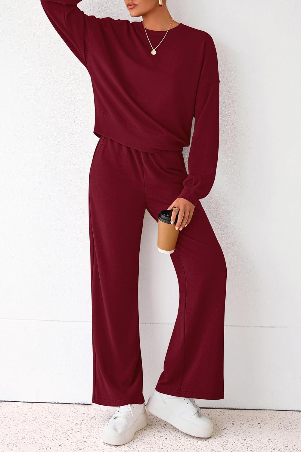 imagePRETTYGARDEN Women 2 Piece Outfits 2025 Fall Sweatsuits Crewneck Sweatshirt Wide Leg Sweatpants Lounge Sets TracksuitBurgundy