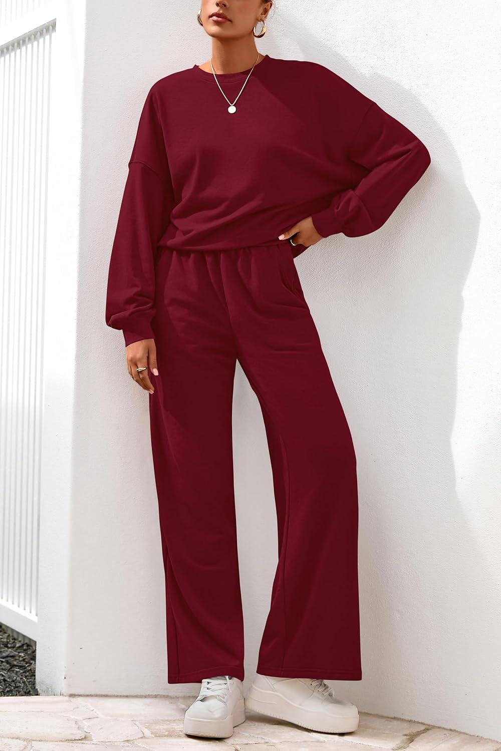 imagePRETTYGARDEN Women 2 Piece Outfits 2025 Fall Sweatsuits Crewneck Sweatshirt Wide Leg Sweatpants Lounge Sets TracksuitBurgundy