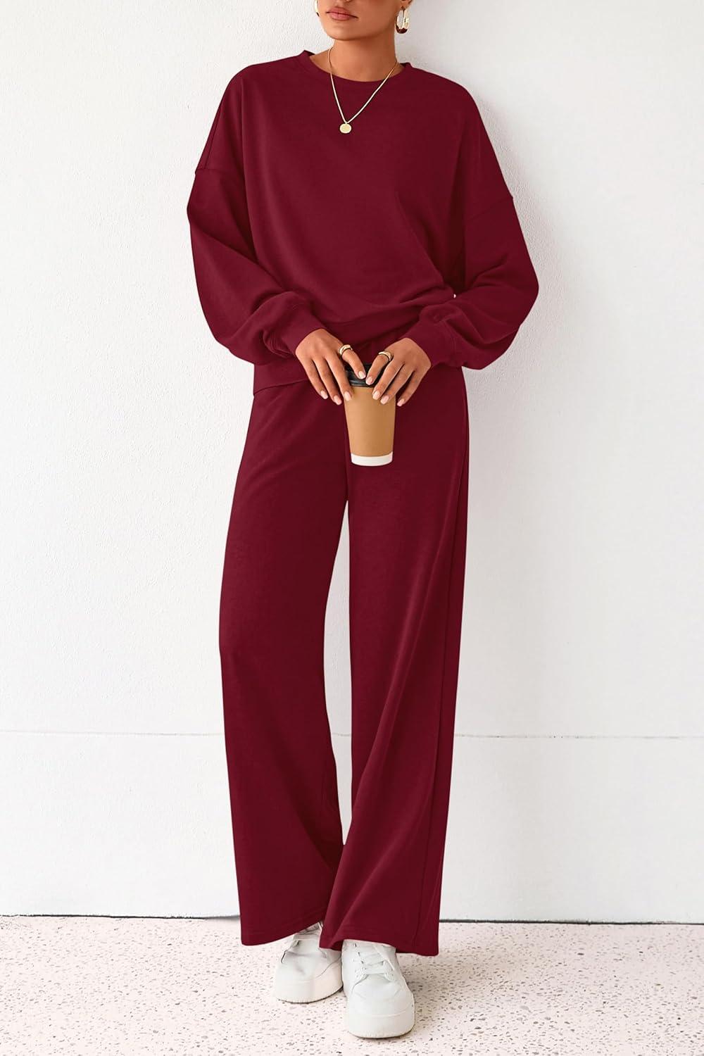 imagePRETTYGARDEN Women 2 Piece Outfits 2025 Fall Sweatsuits Crewneck Sweatshirt Wide Leg Sweatpants Lounge Sets TracksuitBurgundy