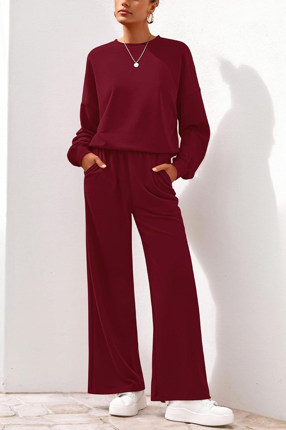imagePRETTYGARDEN Women 2 Piece Outfits 2025 Fall Sweatsuits Crewneck Sweatshirt Wide Leg Sweatpants Lounge Sets TracksuitBurgundy