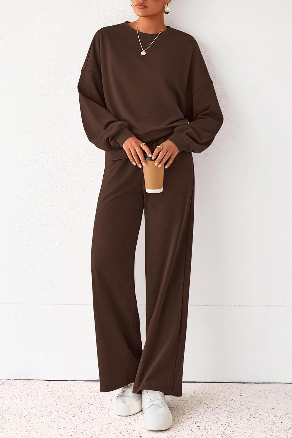 imagePRETTYGARDEN Women 2 Piece Outfits 2025 Fall Sweatsuits Crewneck Sweatshirt Wide Leg Sweatpants Lounge Sets TracksuitDark Brown