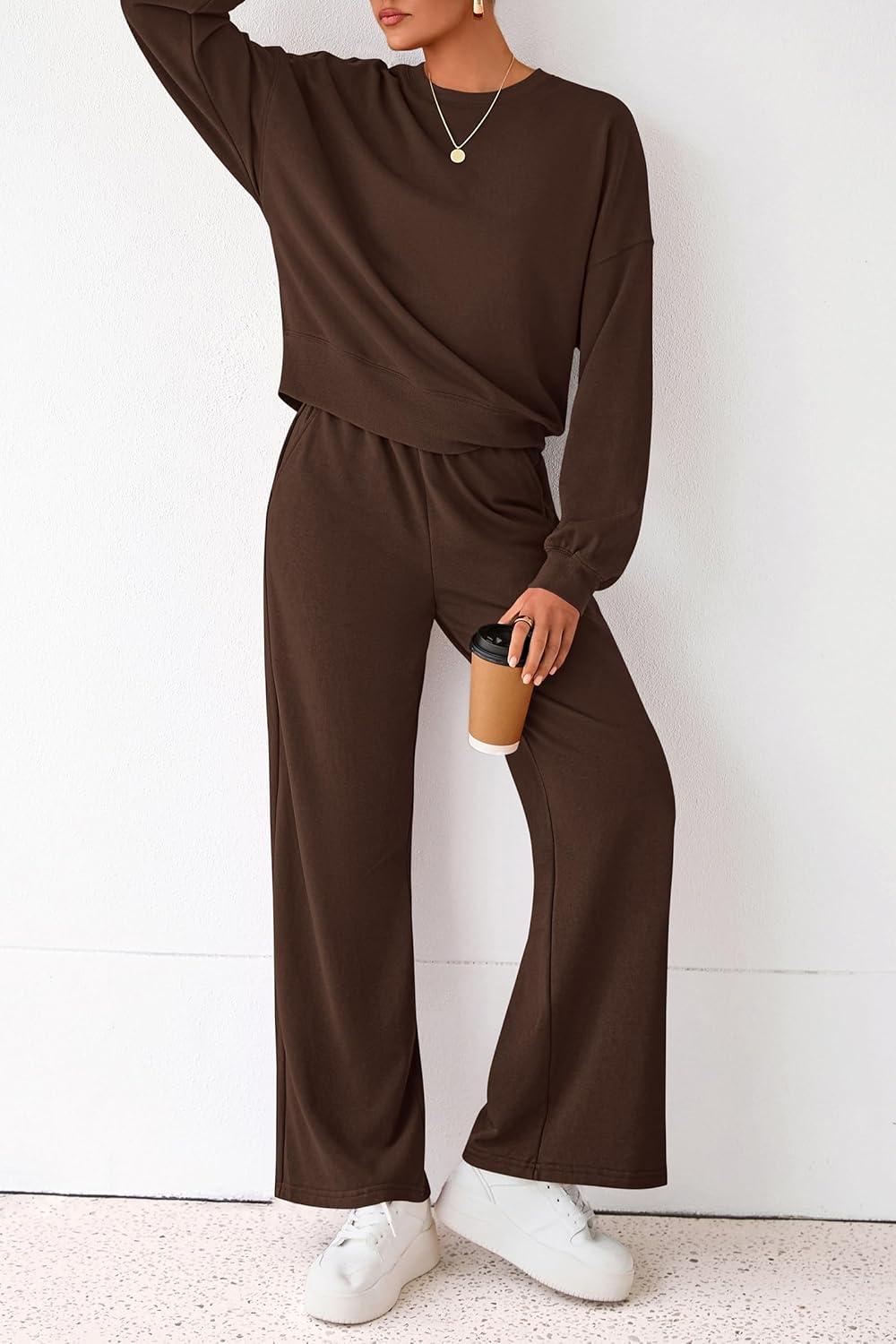 imagePRETTYGARDEN Women 2 Piece Outfits 2025 Fall Sweatsuits Crewneck Sweatshirt Wide Leg Sweatpants Lounge Sets TracksuitDark Brown
