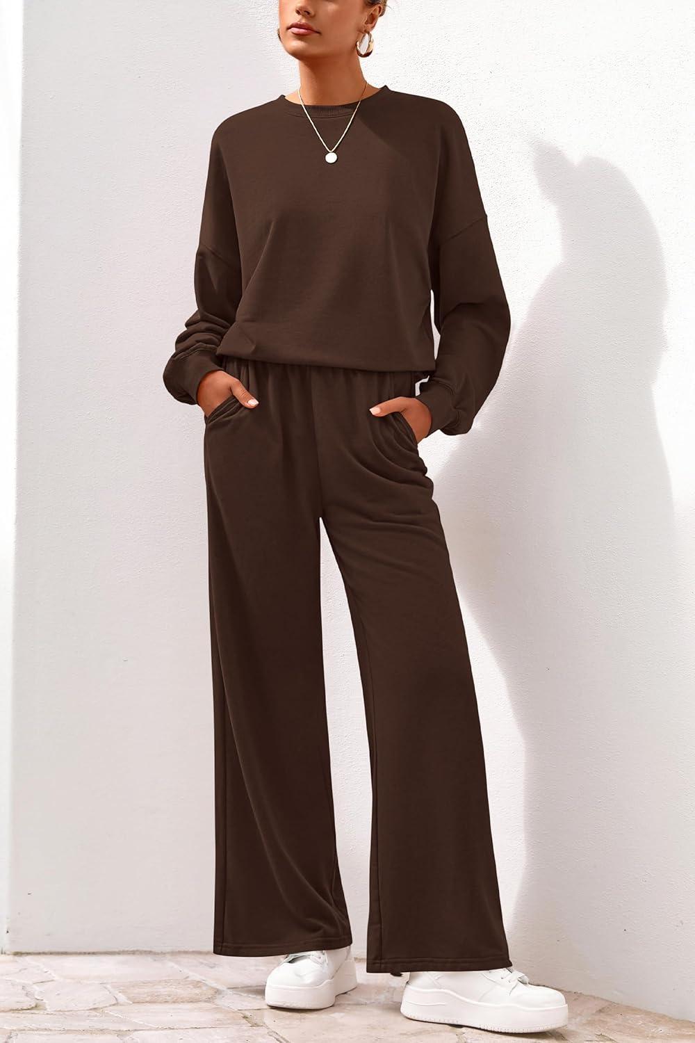 imagePRETTYGARDEN Women 2 Piece Outfits 2025 Fall Sweatsuits Crewneck Sweatshirt Wide Leg Sweatpants Lounge Sets TracksuitDark Brown