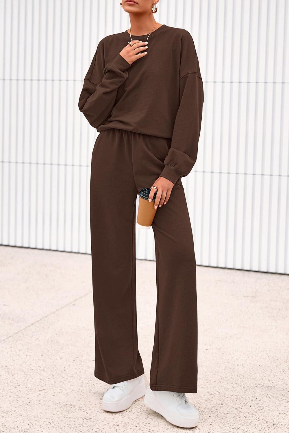 imagePRETTYGARDEN Women 2 Piece Outfits 2025 Fall Sweatsuits Crewneck Sweatshirt Wide Leg Sweatpants Lounge Sets TracksuitDark Brown