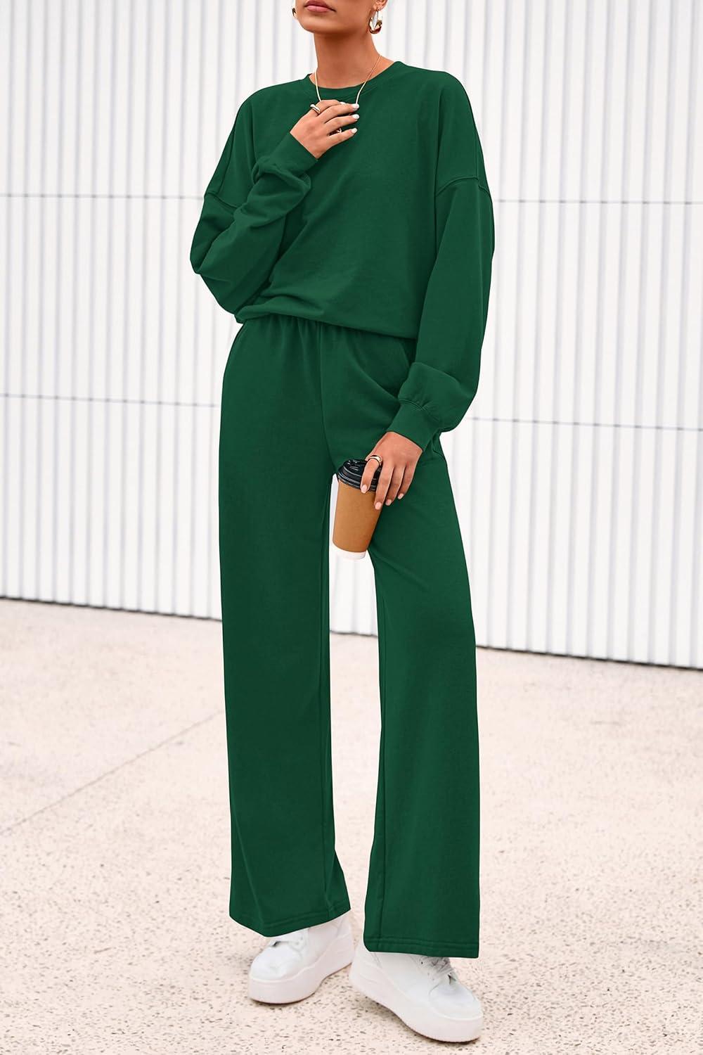 imagePRETTYGARDEN Women 2 Piece Outfits 2025 Fall Sweatsuits Crewneck Sweatshirt Wide Leg Sweatpants Lounge Sets TracksuitDark Green