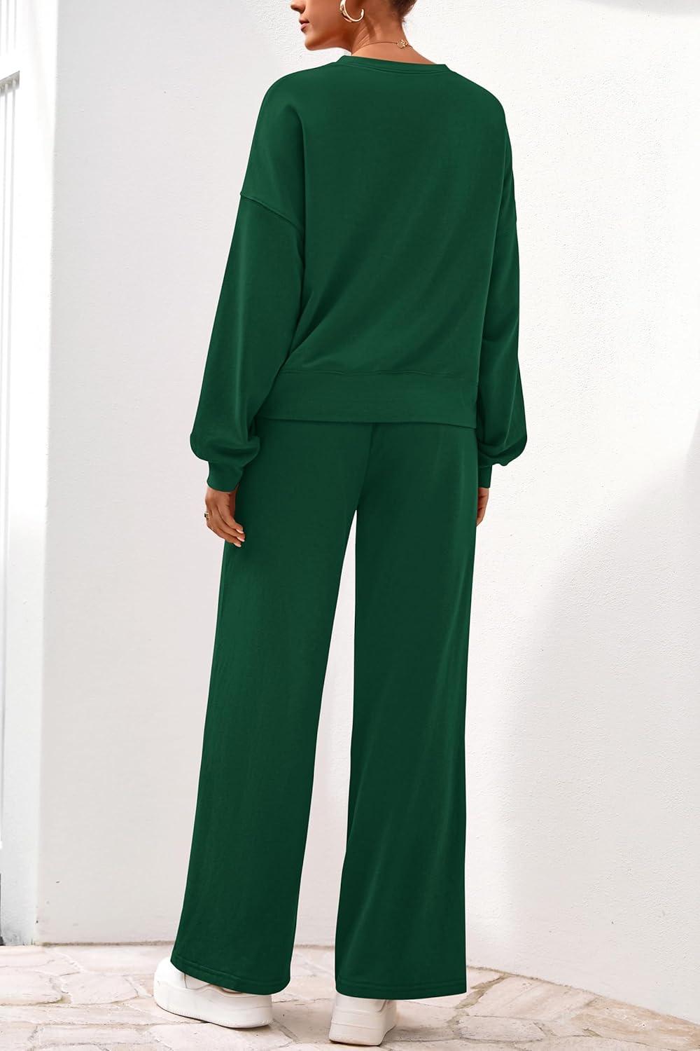 imagePRETTYGARDEN Women 2 Piece Outfits 2025 Fall Sweatsuits Crewneck Sweatshirt Wide Leg Sweatpants Lounge Sets TracksuitDark Green