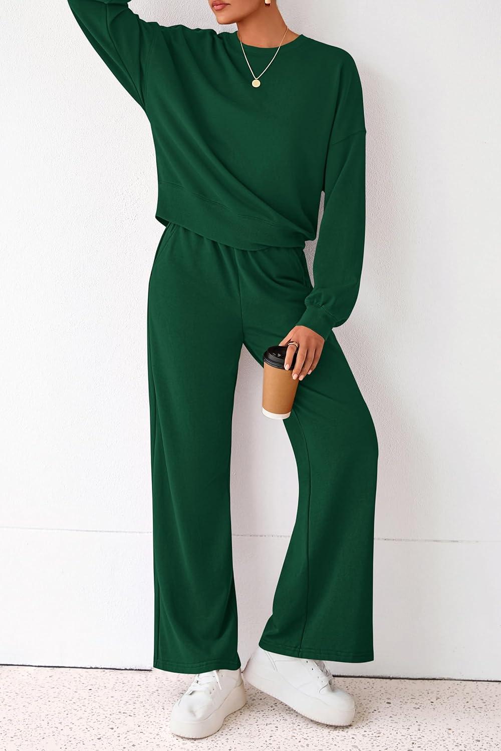 imagePRETTYGARDEN Women 2 Piece Outfits 2025 Fall Sweatsuits Crewneck Sweatshirt Wide Leg Sweatpants Lounge Sets TracksuitDark Green