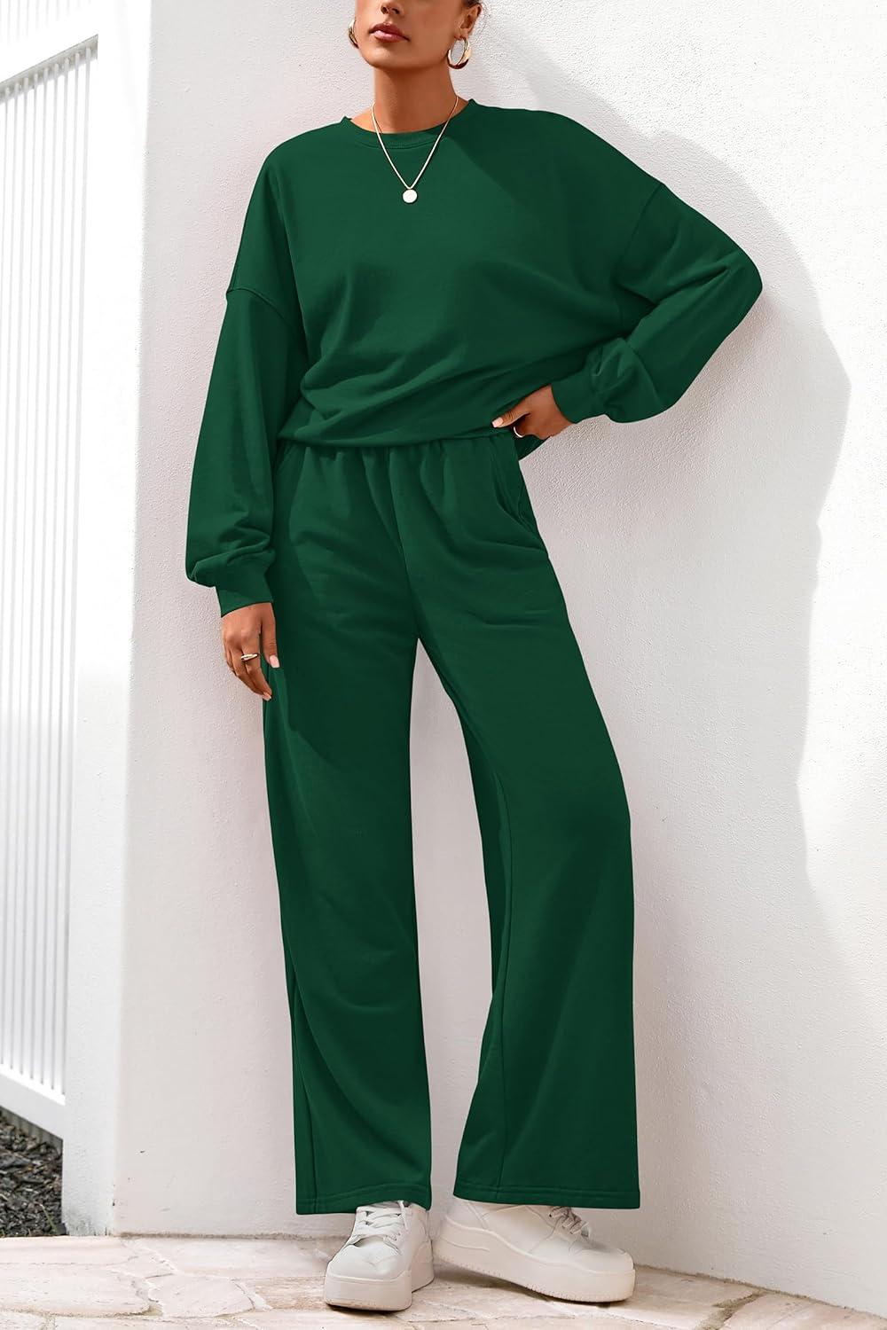 imagePRETTYGARDEN Women 2 Piece Outfits 2025 Fall Sweatsuits Crewneck Sweatshirt Wide Leg Sweatpants Lounge Sets TracksuitDark Green