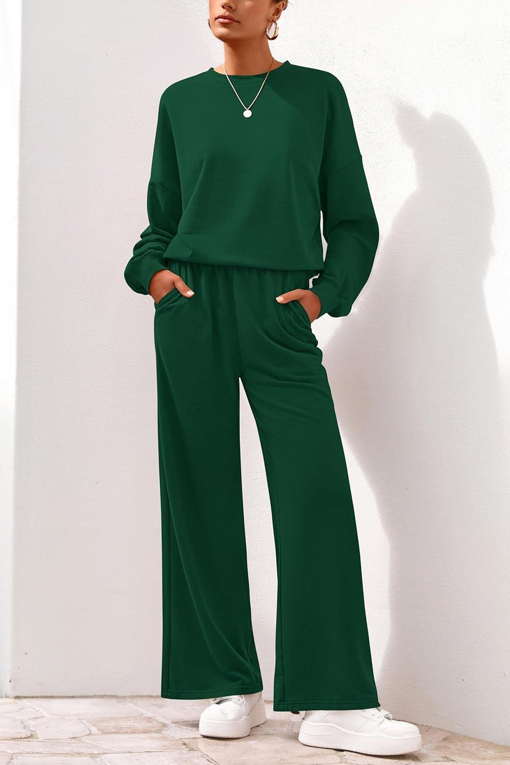 imagePRETTYGARDEN Women 2 Piece Outfits 2025 Fall Sweatsuits Crewneck Sweatshirt Wide Leg Sweatpants Lounge Sets TracksuitDark Green