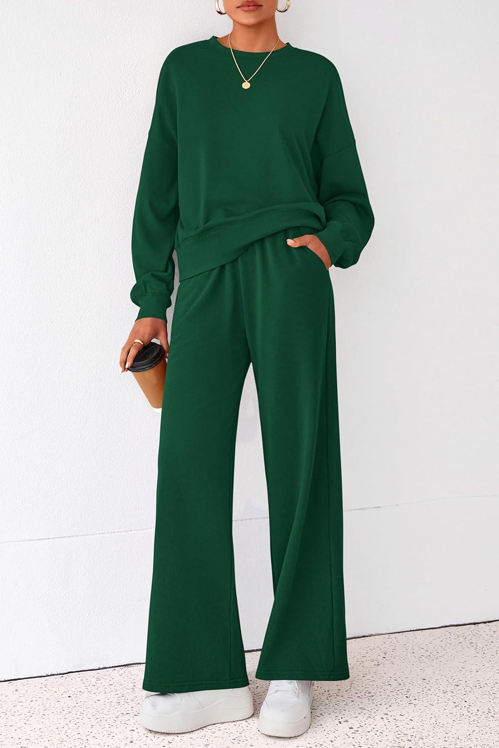 imagePRETTYGARDEN Women 2 Piece Outfits 2025 Fall Sweatsuits Crewneck Sweatshirt Wide Leg Sweatpants Lounge Sets TracksuitDark Green