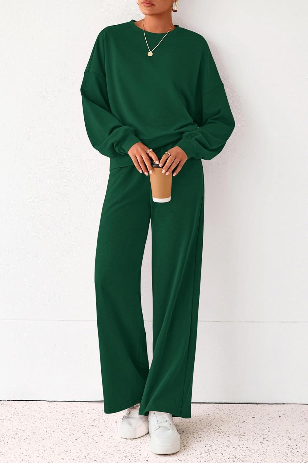 imagePRETTYGARDEN Women 2 Piece Outfits 2025 Fall Sweatsuits Crewneck Sweatshirt Wide Leg Sweatpants Lounge Sets TracksuitDark Green