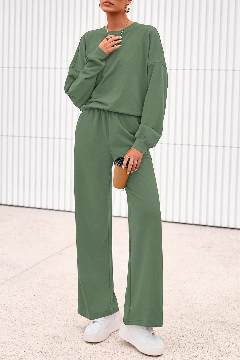 imagePRETTYGARDEN Women 2 Piece Outfits 2025 Fall Sweatsuits Crewneck Sweatshirt Wide Leg Sweatpants Lounge Sets TracksuitGreen