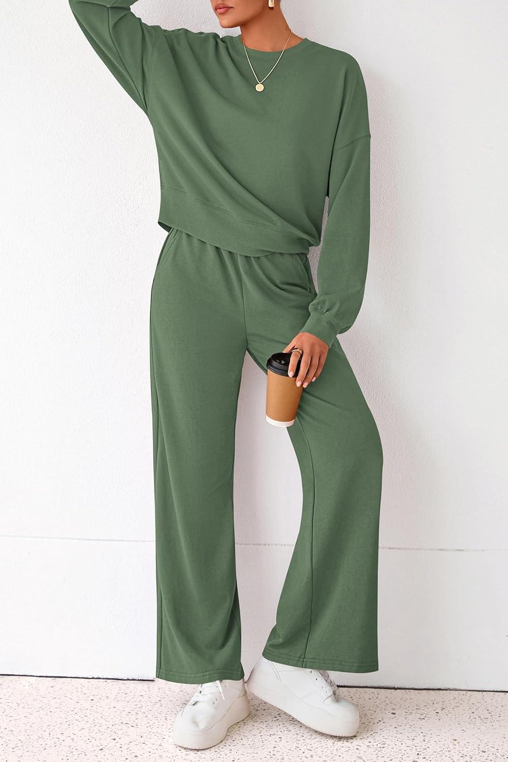 imagePRETTYGARDEN Women 2 Piece Outfits 2025 Fall Sweatsuits Crewneck Sweatshirt Wide Leg Sweatpants Lounge Sets TracksuitGreen