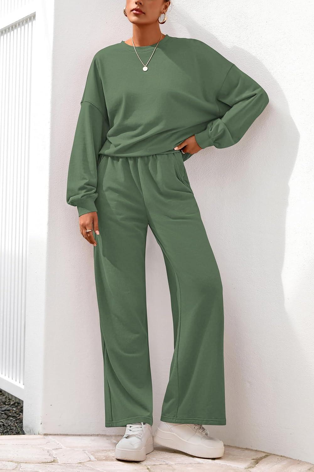 imagePRETTYGARDEN Women 2 Piece Outfits 2025 Fall Sweatsuits Crewneck Sweatshirt Wide Leg Sweatpants Lounge Sets TracksuitGreen