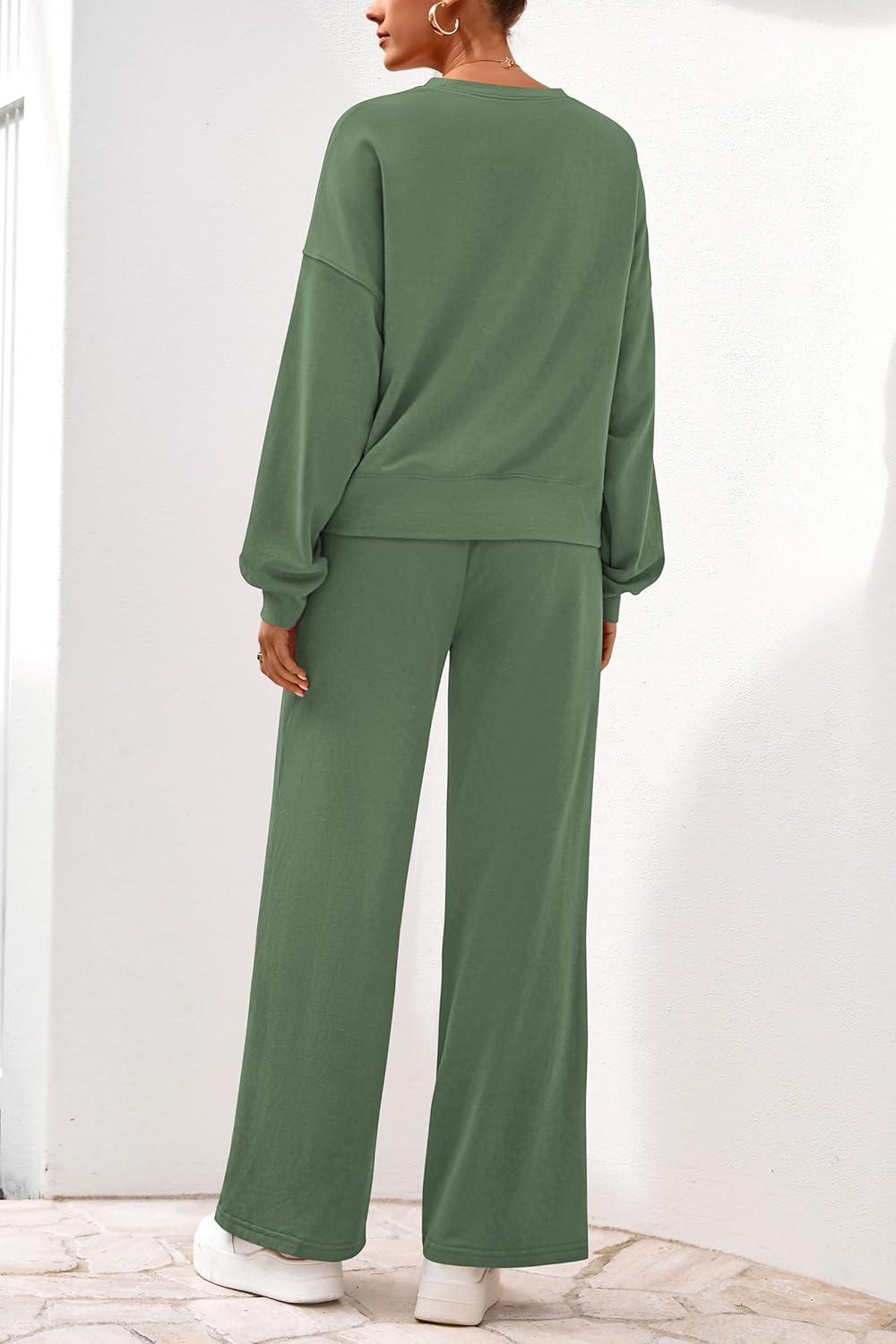 imagePRETTYGARDEN Women 2 Piece Outfits 2025 Fall Sweatsuits Crewneck Sweatshirt Wide Leg Sweatpants Lounge Sets TracksuitGreen