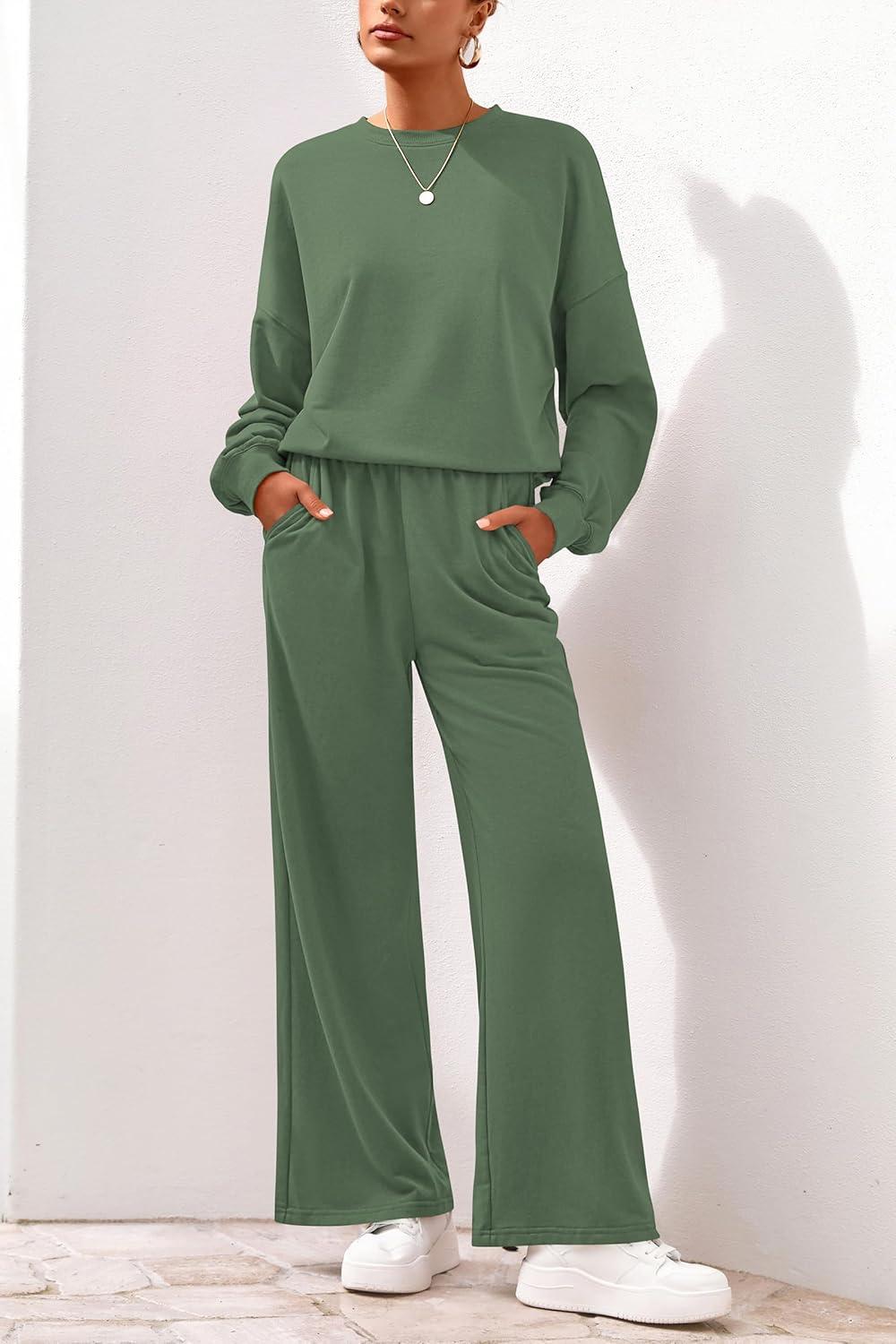 imagePRETTYGARDEN Women 2 Piece Outfits 2025 Fall Sweatsuits Crewneck Sweatshirt Wide Leg Sweatpants Lounge Sets TracksuitGreen