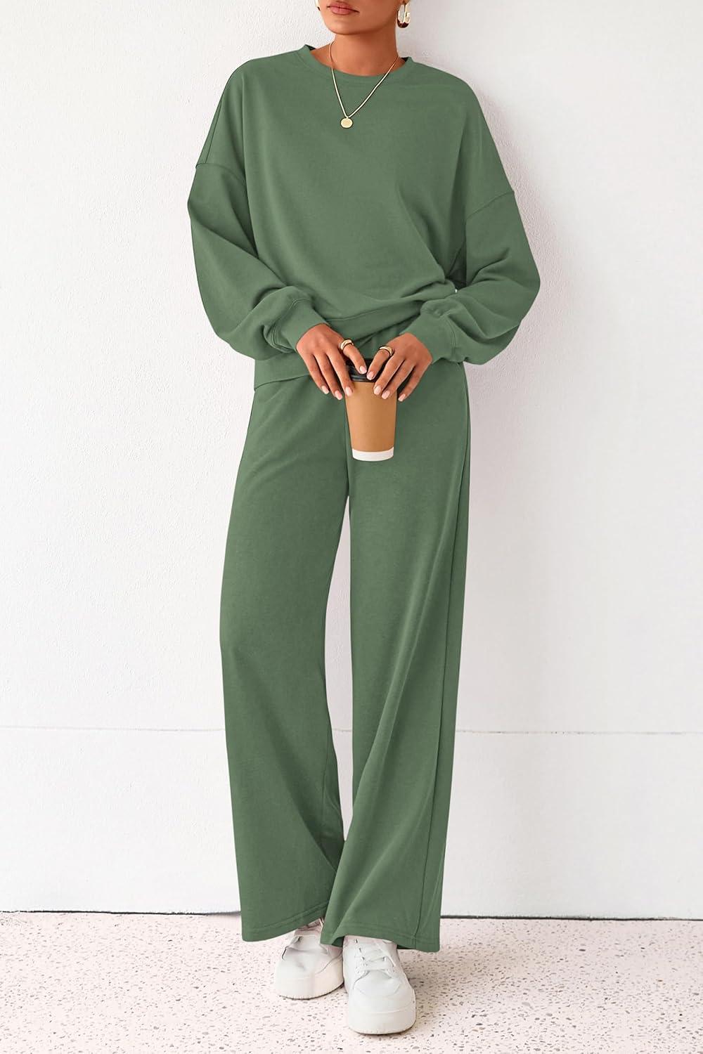 imagePRETTYGARDEN Women 2 Piece Outfits 2025 Fall Sweatsuits Crewneck Sweatshirt Wide Leg Sweatpants Lounge Sets TracksuitGreen