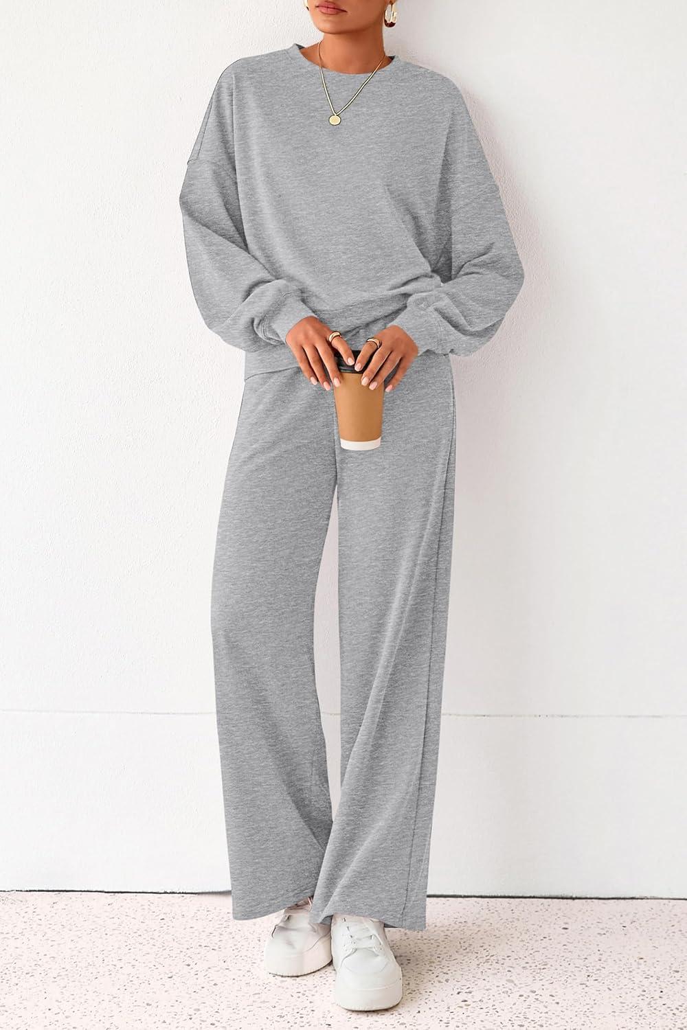 imagePRETTYGARDEN Women 2 Piece Outfits 2025 Fall Sweatsuits Crewneck Sweatshirt Wide Leg Sweatpants Lounge Sets TracksuitGrey