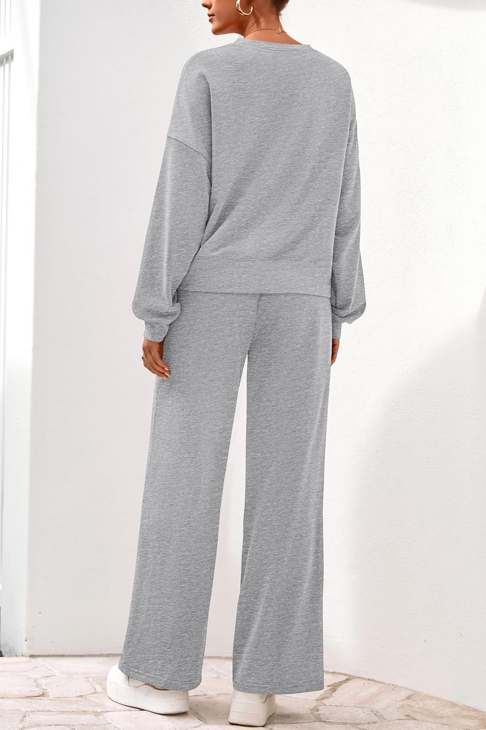 imagePRETTYGARDEN Women 2 Piece Outfits 2025 Fall Sweatsuits Crewneck Sweatshirt Wide Leg Sweatpants Lounge Sets TracksuitGrey