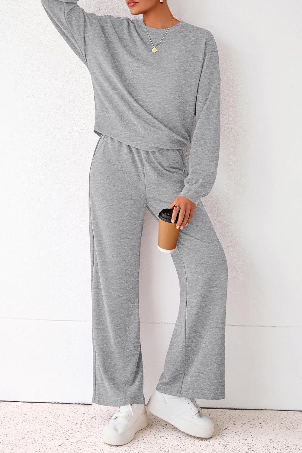 imagePRETTYGARDEN Women 2 Piece Outfits 2025 Fall Sweatsuits Crewneck Sweatshirt Wide Leg Sweatpants Lounge Sets TracksuitGrey