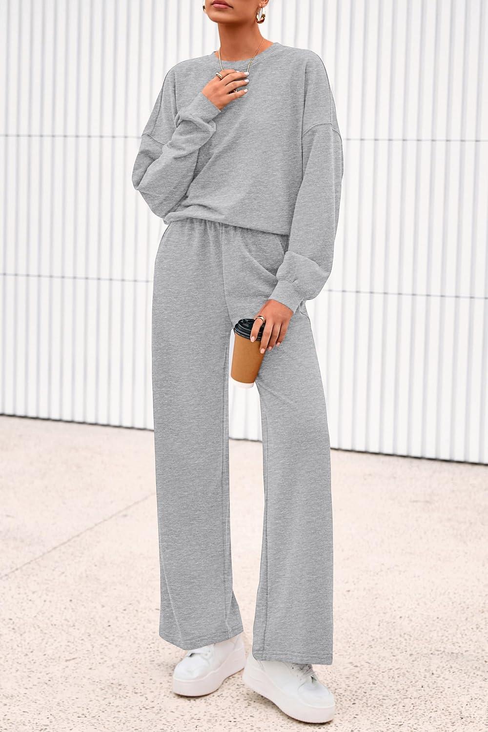 imagePRETTYGARDEN Women 2 Piece Outfits 2025 Fall Sweatsuits Crewneck Sweatshirt Wide Leg Sweatpants Lounge Sets TracksuitGrey