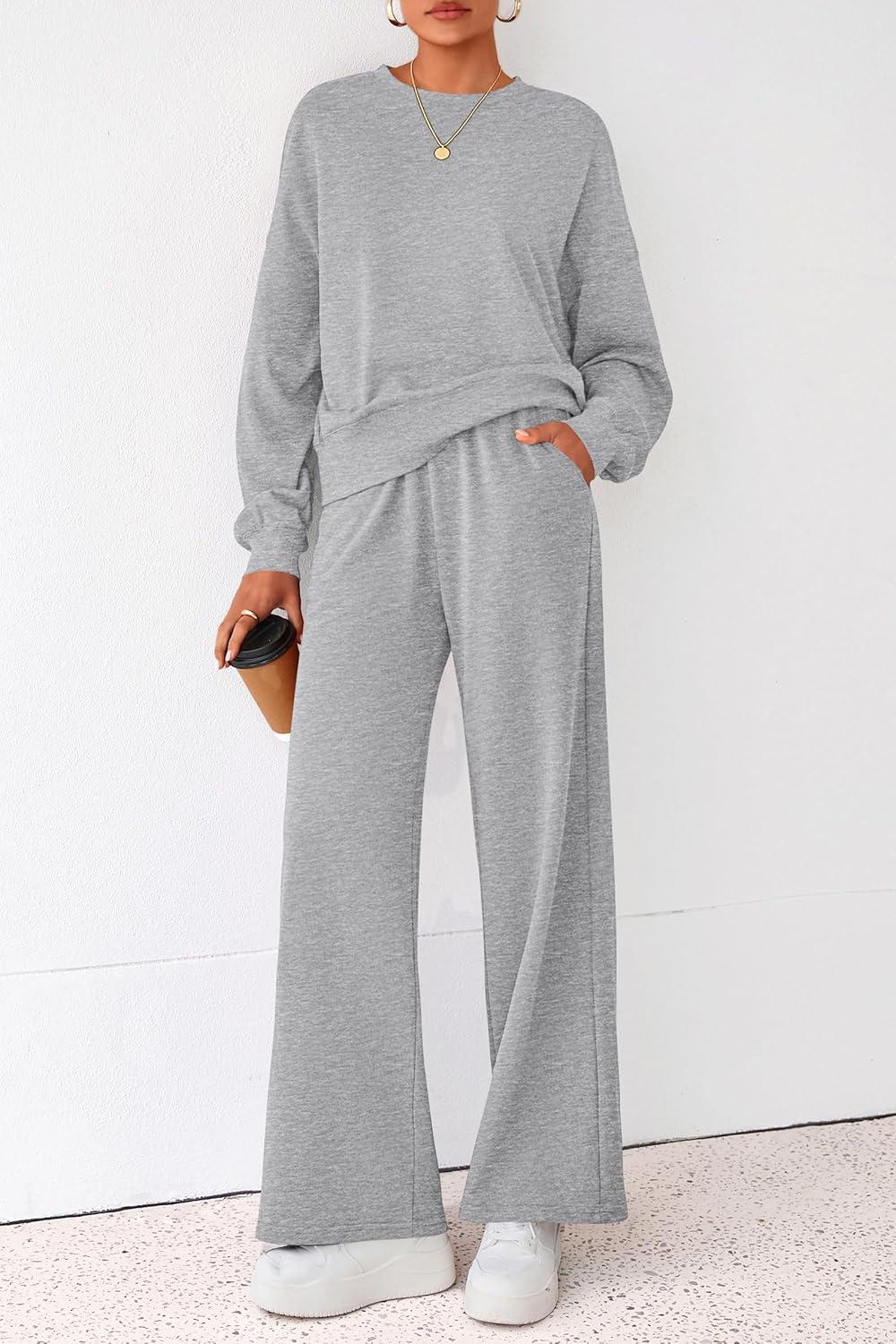 imagePRETTYGARDEN Women 2 Piece Outfits 2025 Fall Sweatsuits Crewneck Sweatshirt Wide Leg Sweatpants Lounge Sets TracksuitGrey