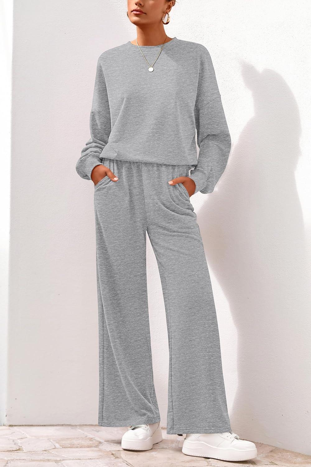 imagePRETTYGARDEN Women 2 Piece Outfits 2025 Fall Sweatsuits Crewneck Sweatshirt Wide Leg Sweatpants Lounge Sets TracksuitGrey