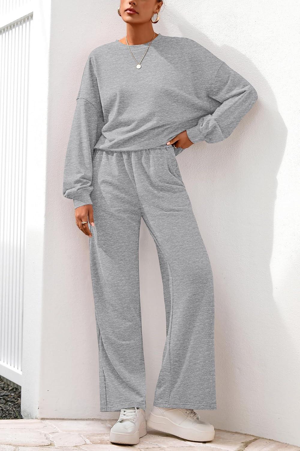 imagePRETTYGARDEN Women 2 Piece Outfits 2025 Fall Sweatsuits Crewneck Sweatshirt Wide Leg Sweatpants Lounge Sets TracksuitGrey